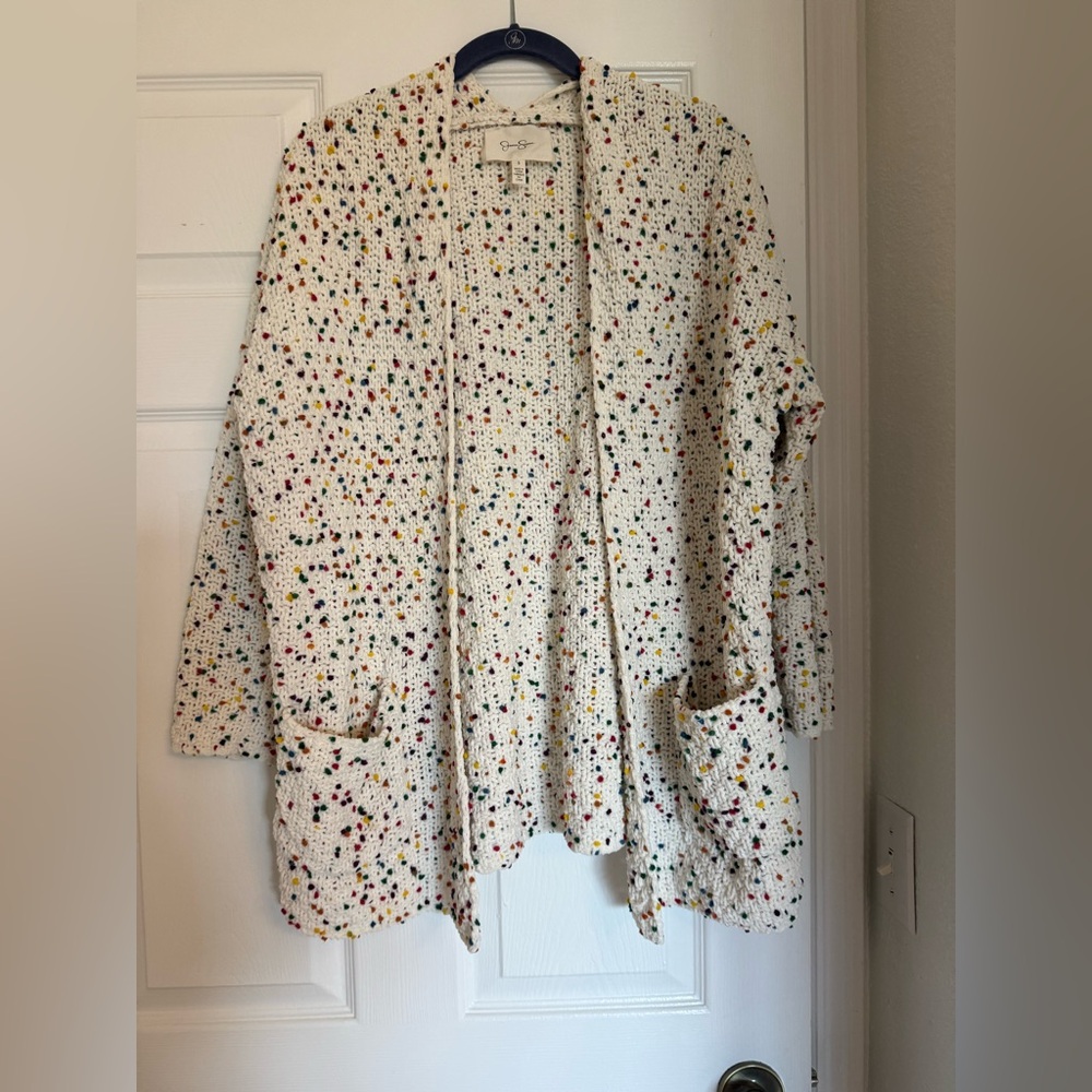 Jessica Simpson Rainbow Speckled Popcorn Cardigan Size M Cream Spring Sweater